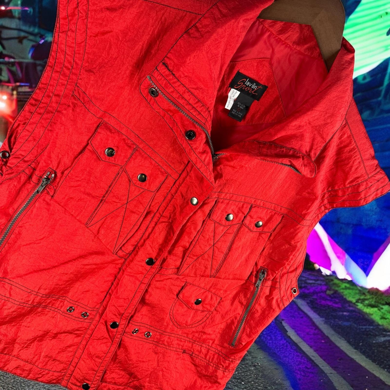 Vintage Lavon Sport Vest Men L Red Crinkle Nylon Cargo Pockets Hiking 90s